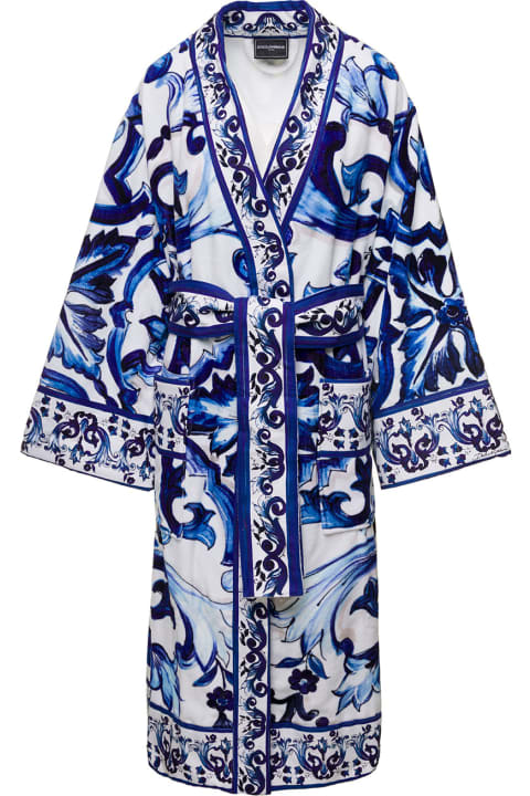 ウィメンズ Dolce & Gabbanaの水着 Dolce & Gabbana Multicolor Kimono Bathrobe With All-over Blu Mediterraneo Print In Cotton Dolce & Gabbana