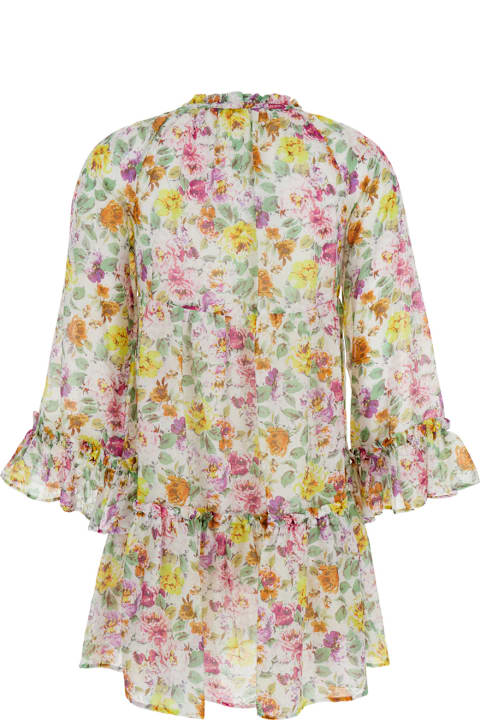 Anjuna Clothing for Women Anjuna 'lara' Multicolor Short Dress With Ruched Sleeves And All-over Floral Motif In Cotton And Silk Blend Woman