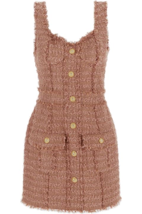 Sleeveless Tweed Buttoned Mini Dress