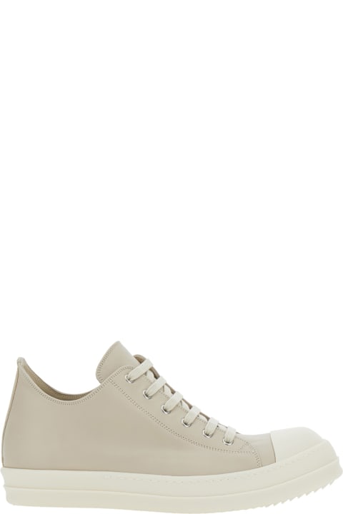 Rick Owens Grey Low Top Sneakers With Contrasting Round Toe In Leather Man