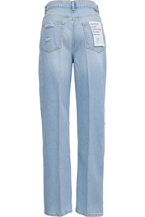 Blue Denim Jeans With Tears Details Boyish Woman