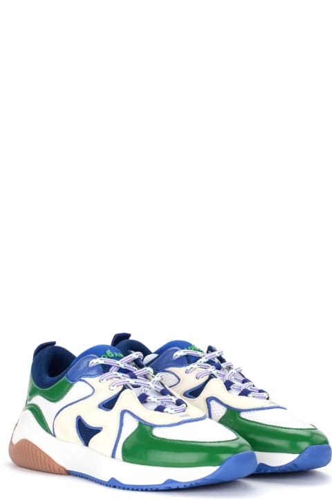 H597 Sneaker In White Green And Blue Leather And Mesh