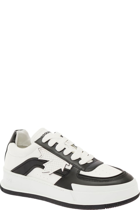 White And Black Low-top Sneakers In Leather With Logo-patch D-squared2 Man