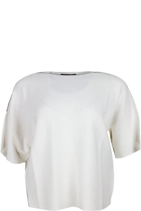 ウィメンズ Fabiana Filippiのニットウェア Fabiana Filippi Short-sleeved Cotton Shirt With Horizontal Workmanship With Boat Neckline Embellished With Rows Of Jewels On The Neck