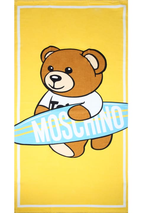 Fashion for Boys Moschino Yellow Beach Towel For Boy With Teddy Bear And Surfboard