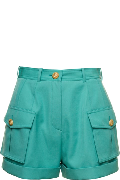 Light Blue Shorts With Cuff And Jewel Buttons In Wool Woman