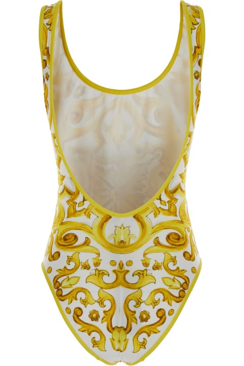 Dolce & Gabbana Sale for Women Dolce & Gabbana Yellow And White One-piece Swimsuit With Majolica Motif In Stretch Polyamide Woman
