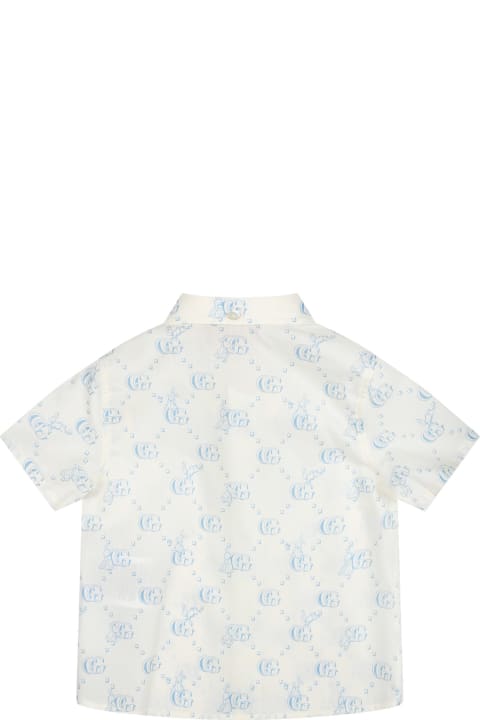 Topwear for Baby Girls Gucci White Shirt For Baby Girl With Light Blue Gg And Rabbit Logo