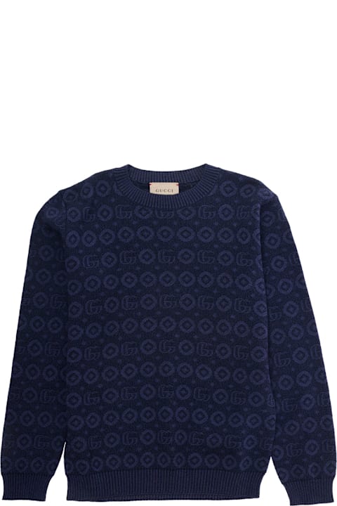 Gucci Topwear for Boys Gucci Blue Sweater With Gg Jacquard Motif In Knit Boy