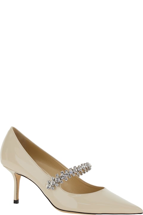 Jimmy Choo 'bing' White Pumps With Crystal Embellishments And High Cone Heel In Patent Leather Blend Woman