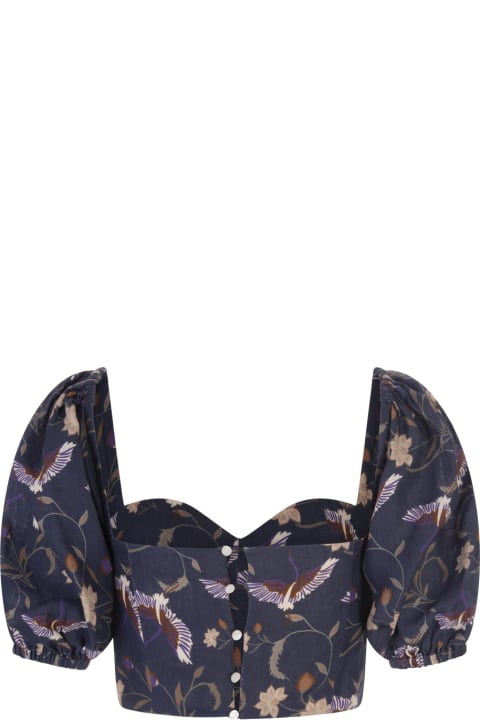 Navy Blue Linen Francis Top With Heron Print
