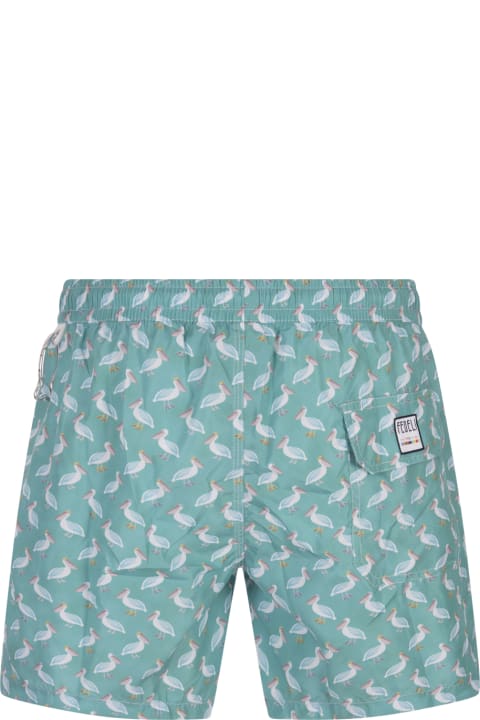 Swimwear for Men Fedeli Green Pink Swim Shorts With Pelican Pattern