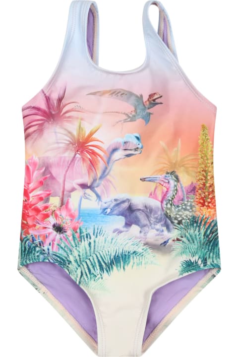 ベビーガールズ Moloの水着 Molo Purple One-piece Swimsuit For Bebe Girl With Dinosaur Print