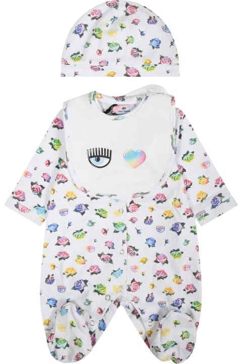 Chiara Ferragni Clothing for Baby Girls Chiara Ferragni Pink Playsuit For Baby Girl With Flirting Eyes And Multicolor Roses