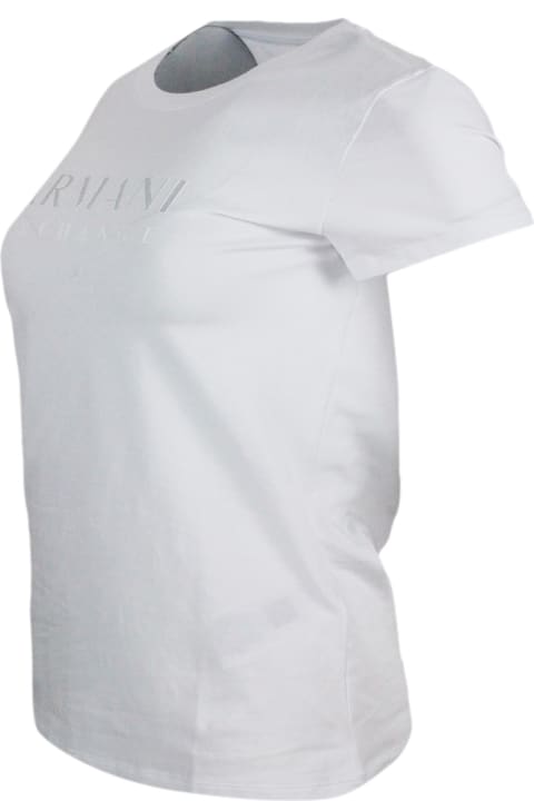 ウィメンズ Armani Collezioniのトップス Armani Collezioni Short-sleeved Crew-neck T-shirt With Logo On The Chest In Stretch Cotton And Lurex Logo Writing