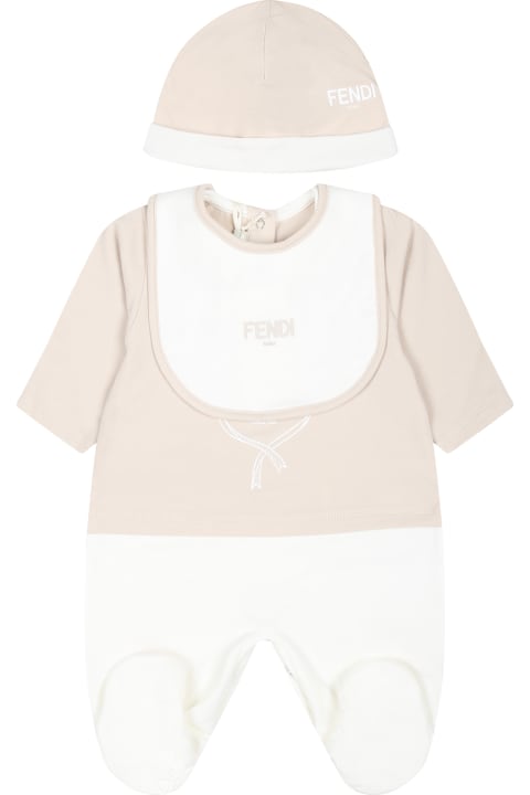 Zip Check Shirt for Baby Girls Fendi Beige Babygrow Set For Babykids With Fendi Emblem