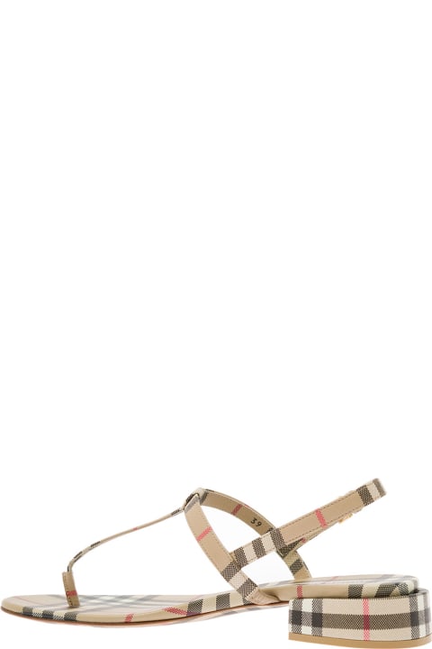 Beige Sandals With Vintage Check Motif And Short Heel In Canvas Woman