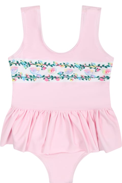 Chiara Ferragni Swimwear for Baby Boys Chiara Ferragni Pink Swimsuit For Baby Girl With Ruffles And Flowers