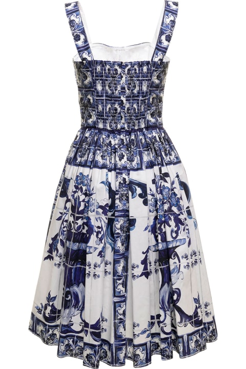 Maiolica  White And Blue Cotton Poplin Dress Dolce & Gabbana Woman