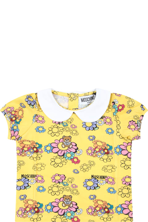 T-Shirts & Polo Shirts for Baby Girls Moschino Yellow T-shirt For Baby Girl With Flowers And Logo