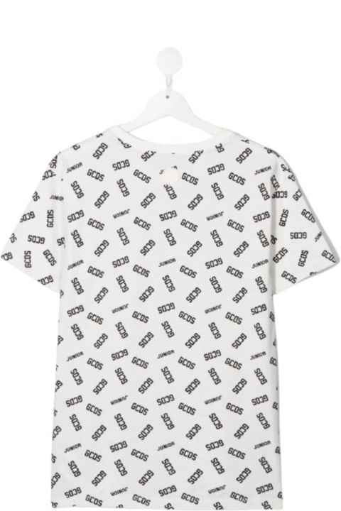 Gcds Kids Boy's White Cotton T-shirt With Allover  Logo Print
