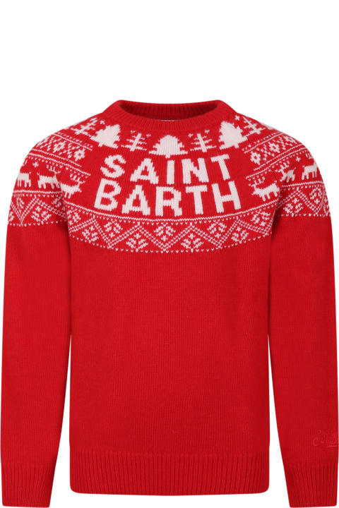 MC2 Saint Barth Kids MC2 Saint Barth Red Sweater For Kids With Jacquard Logo Print