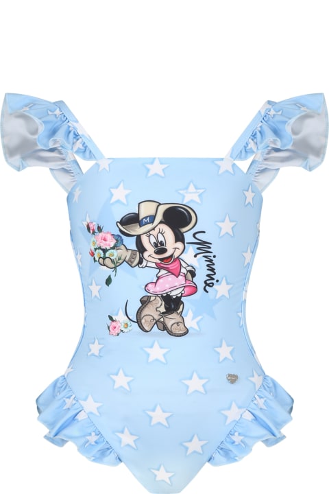 Monnalisa Swimwear for Girls Monnalisa Sky Blue Swimsuit For Baby Girl With Minnie