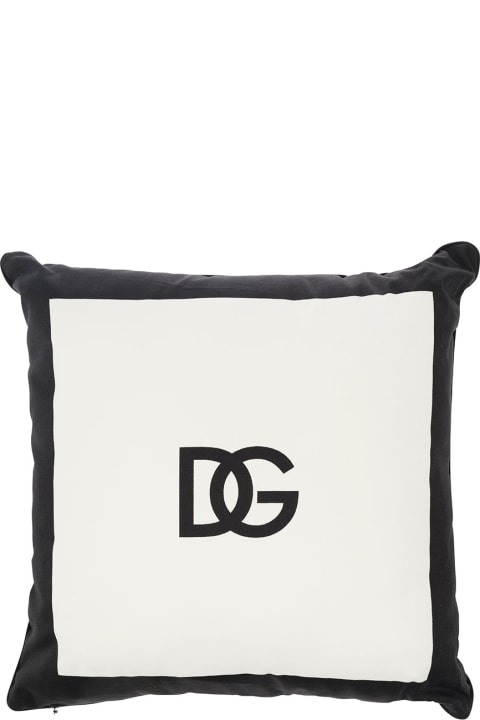 Home Décor Dolce & Gabbana White And Black Cushion With Contrasting Dg Logo Print In Cotton