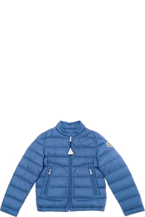 キッズのセール Moncler 'acorus' Ligth Blue Down Jacket With Patch Logo In Poliammide Boy