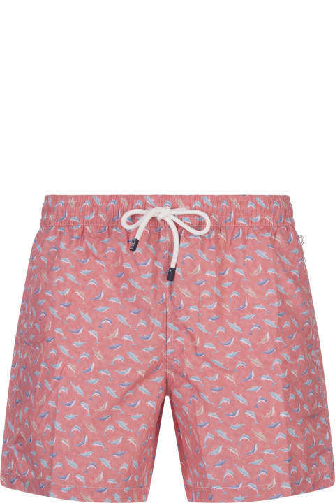Swimwear for Men Fedeli Red Swim Shorts With Blue Dolphin Pattern