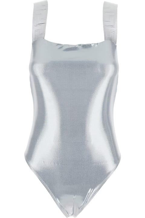 Homeware Versace One-piece Swimsuit With Greca Detail In Metallic Stretch Fabric For Women