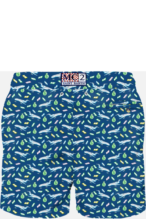Swimwear for Men MC2 Saint Barth Man Light Fabric Swim Shorts With Money And Planes Print