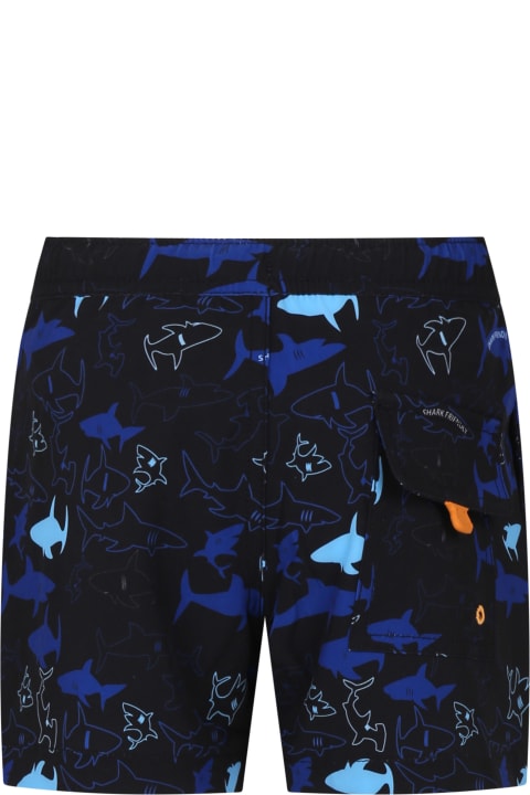 Save the Duck for Kids Save the Duck Black Swim Shorts For Boy With Shark Print