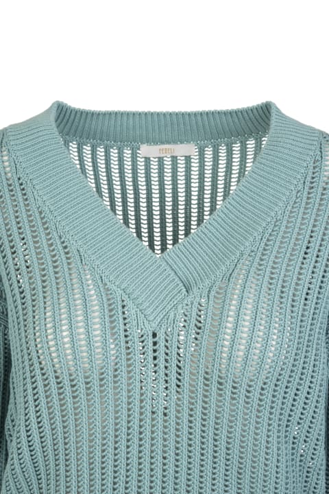 Woman Pullover In Aqua Blue Knit With V-neck