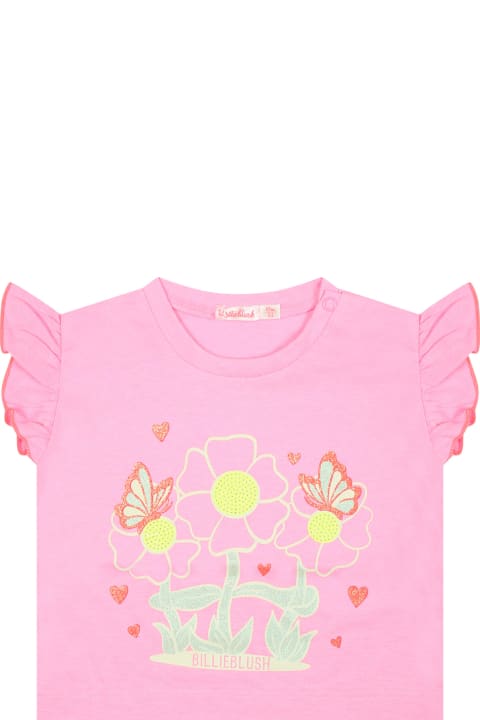 Fashion for Kids Billieblush Fuchsia T-shirt For Baby Girl With Ruffles And Multicolored Print