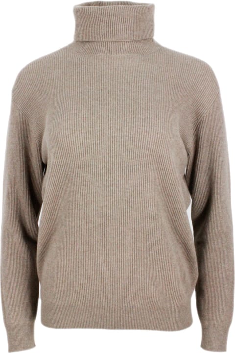 Sweaters for Women Brunello Cucinelli High Neck Sweater In Soft And Pure Cashmere Half English Rib With Monili Detail On The Neck In The Back