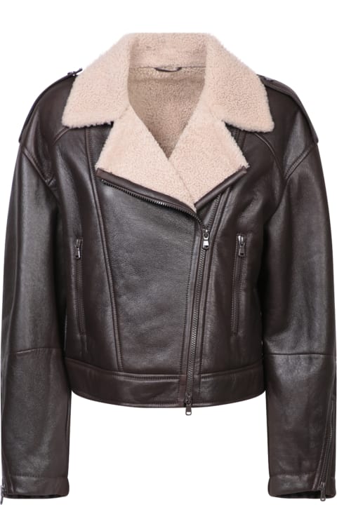 Brunello Cucinelli Coats & Jackets for Women Brunello Cucinelli Shearling-collar Cropped Biker Jacket