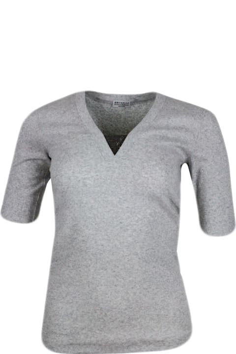 Fashion for Women Brunello Cucinelli Long-sleeved V-neck T-shirt In Ribbed Stretch Cotton With Monili Triangle On The Neckline