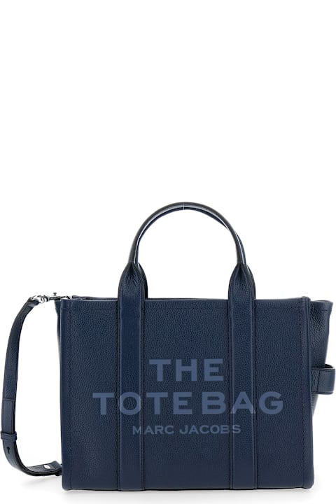 Homeware Marc Jacobs 'the Tote Bag Medium' Blue Bag With Logo Print On The Front In Hammered Leather Woman
