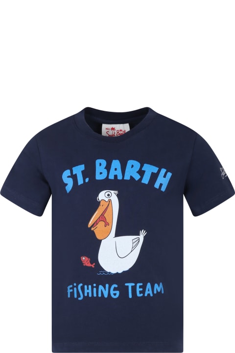 Topwear for Boys MC2 Saint Barth Blue T-shirt Forboy With Pelican Print And Logo