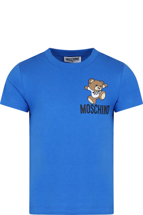 Moschino Kids Moschino Light Blue T-shirt For Kids With Teddy Bear And Logo