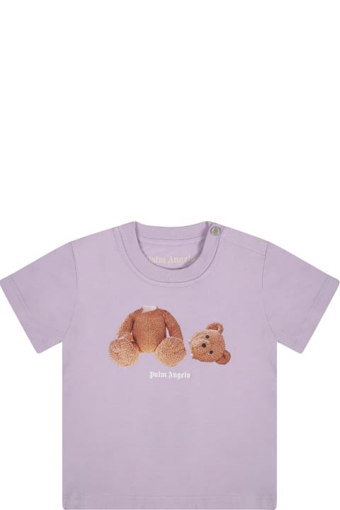 Palm Angels T-Shirts & Polo Shirts for Baby Girls Palm Angels Purple T-shirt For Baby Girl With Bear