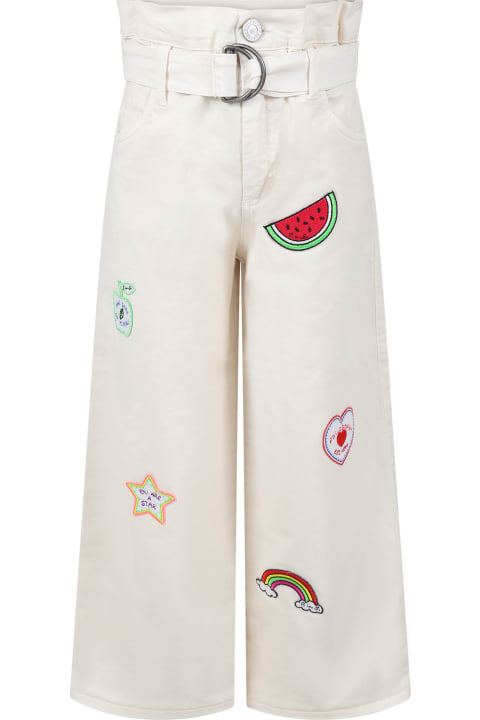 Ivory Trousers For Girl With Patch And Logo