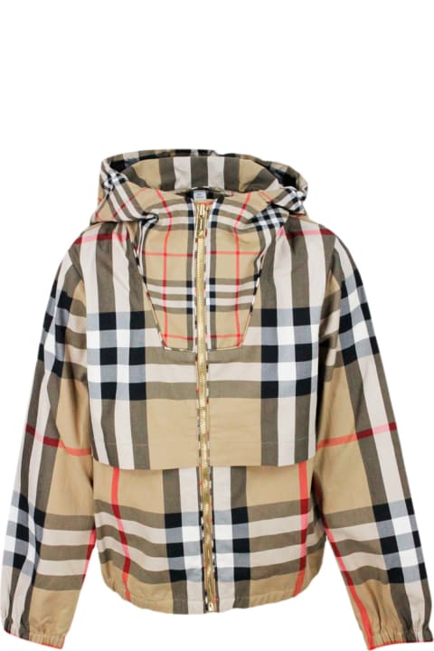 Sale for Girls Burberry Cotton Jacket With Hood And Zip Closure In Beige Classic Check