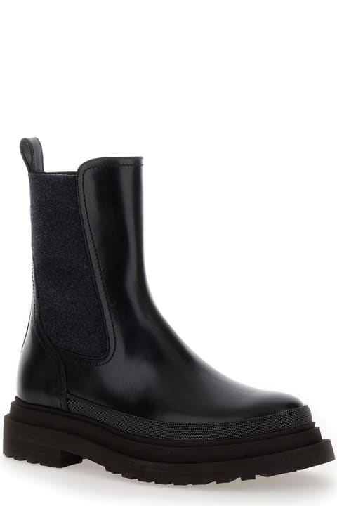Brunello Cucinelli Boots for Women Brunello Cucinelli Black Slip-on Boots With Lug Sole And Monile In Leather Woman