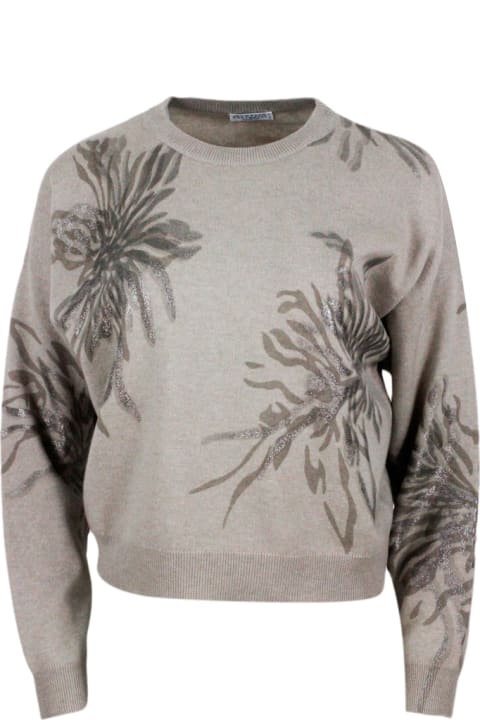 ウィメンズ Brunello Cucinelliのウェア Brunello Cucinelli Long-sleeved Round-neck Wool, Silk And Cashmere Sweater With Flower Print Embellished With Lurex