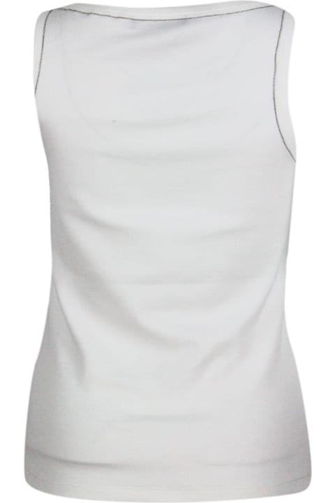 Fabiana Filippi for Women Fabiana Filippi Sleeveless T-shirt, Ribbed Cotton Tank Top With U-neck, Elbow-length Sleeves Embellished With Rows Of Monili On The Neck And Sides