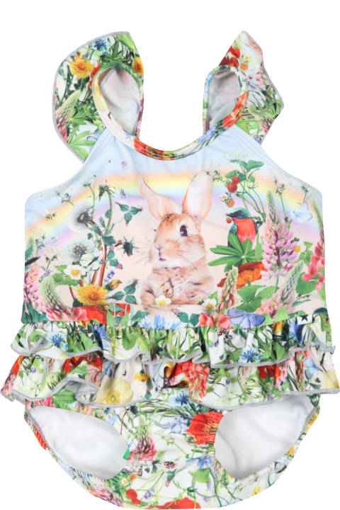 Multicolor Swimsuit For Baby Girl With Rabbit And Flowers