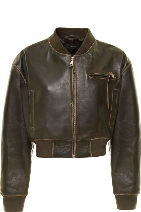 Brown Cropped Jacket With Bomber Collar In Leather Woman