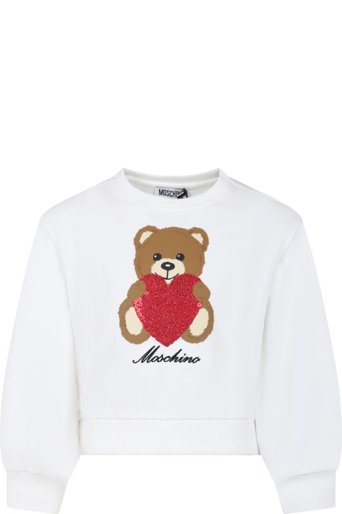 Moschino for Kids Moschino White Sweatshirt For Girl With Teddy Bear And Heart